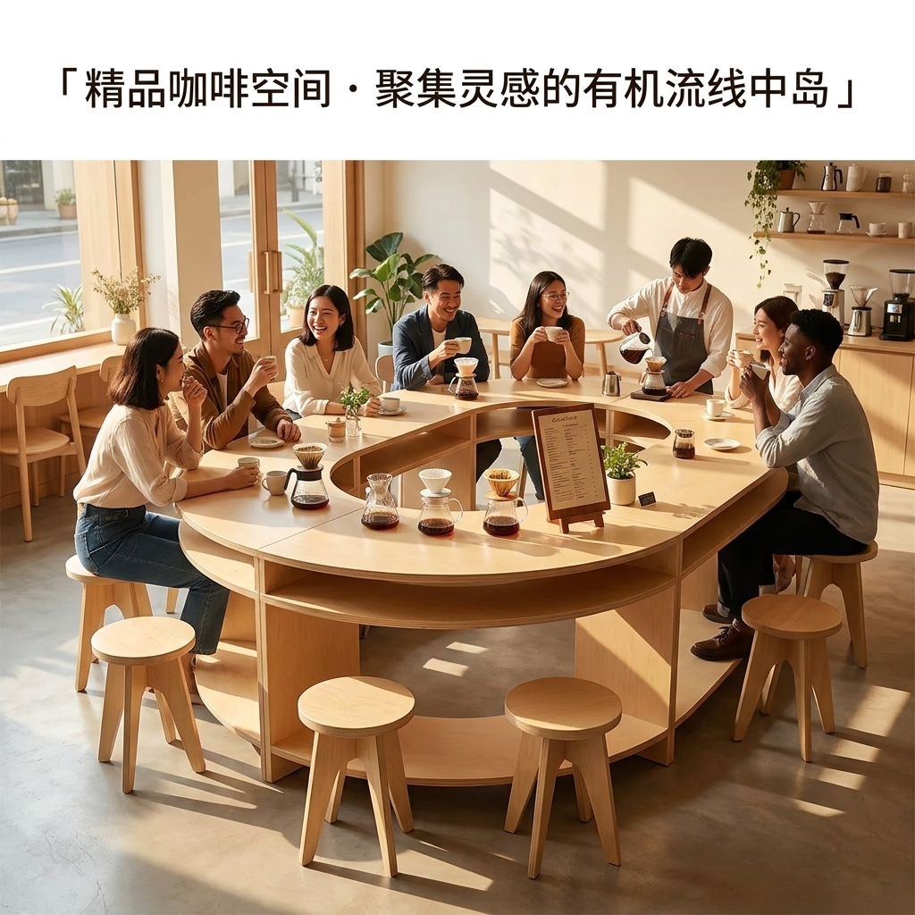 海洋板异形中岛台商业空间展示台咖啡店设计感桌椅圆弧形流水台 - 产品图片