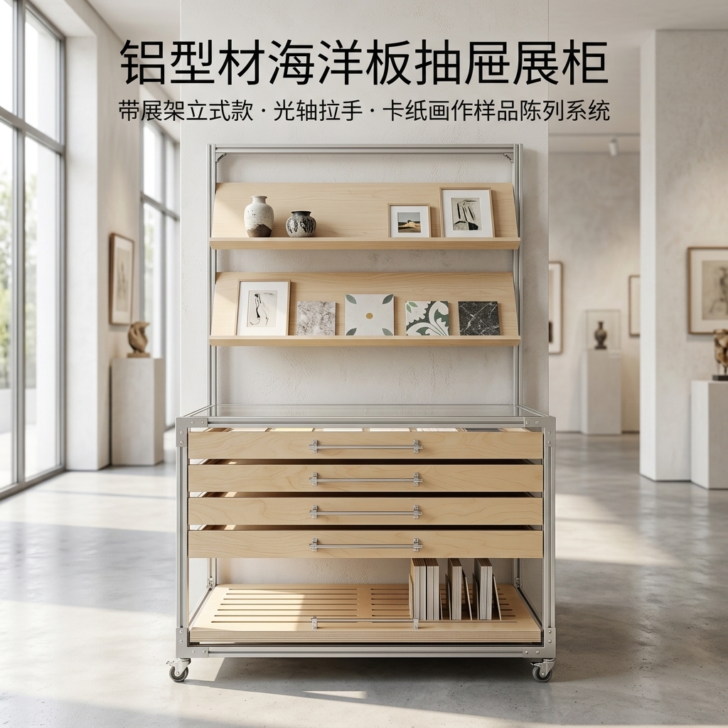 铝型材海洋板展示柜产品展柜抽屉多层分格柜卡纸展架光轴拉手高级 - 产品图片