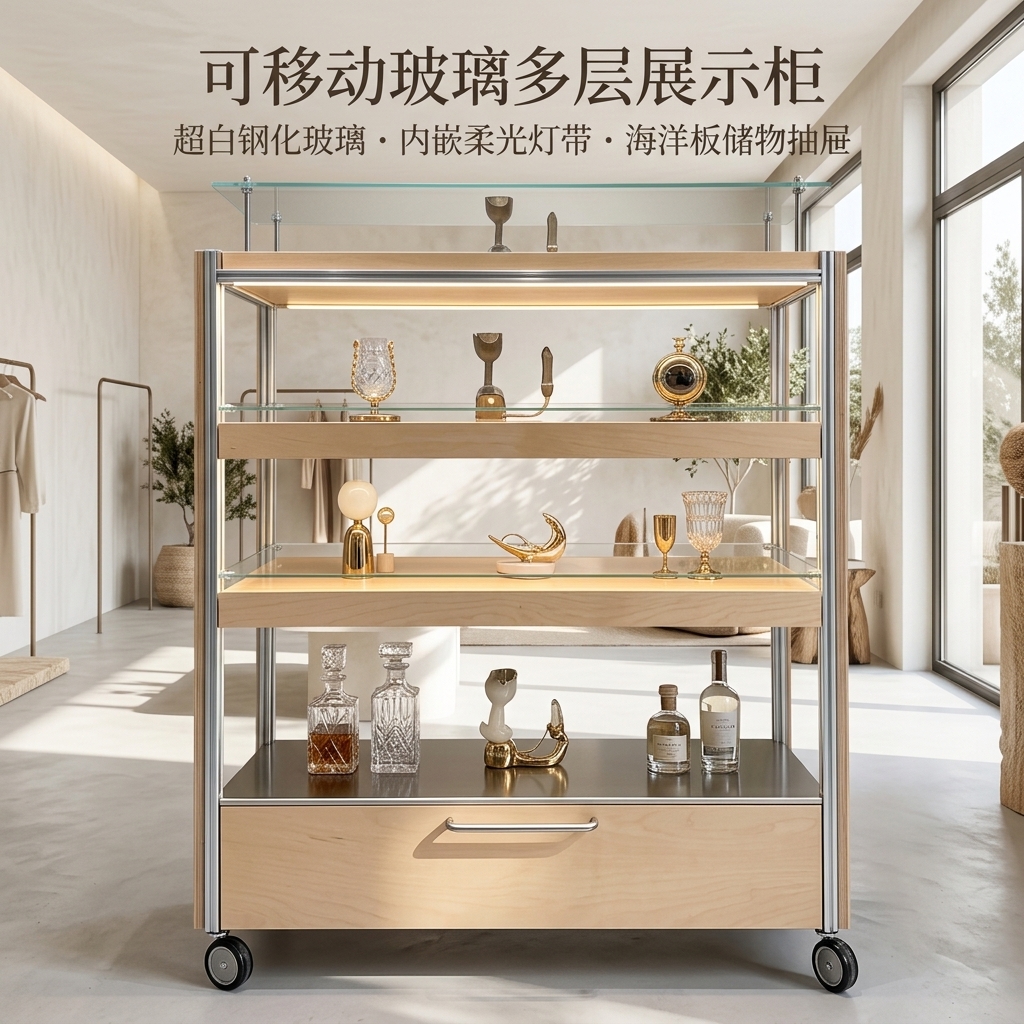 可移动玻璃展示柜多层储物柜海洋板铝型材陈列柜木质展柜可定制 - 产品图片