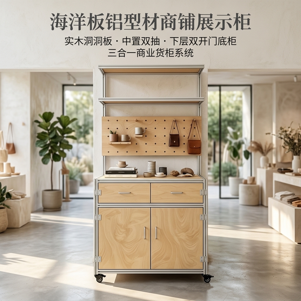 海洋板铝型材展示柜商铺落地式货柜收纳柜洞洞板一体置物架定制 - 产品图片