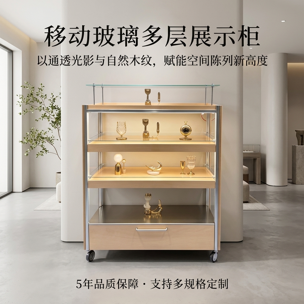 可移动玻璃展示柜多层储物柜海洋板铝型材陈列柜木质展柜可定制 - 产品图片