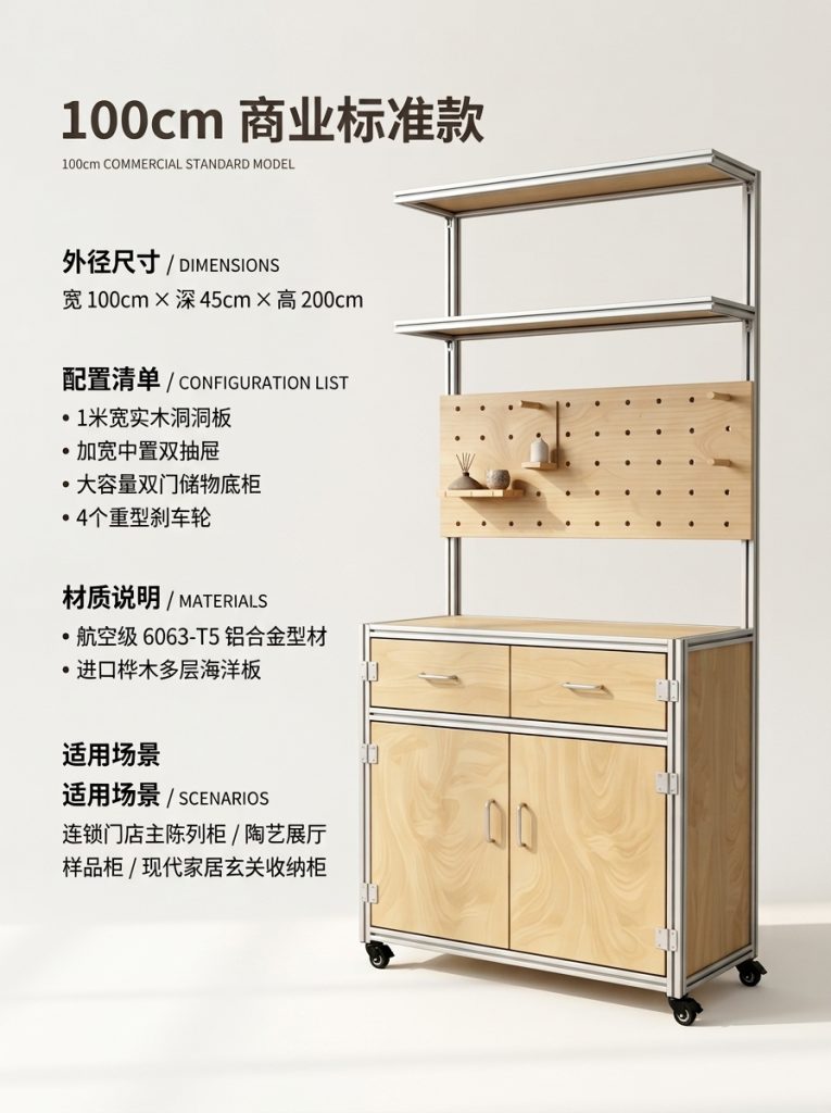 海洋板铝型材展示柜商铺落地式货柜收纳柜洞洞板一体置物架定制 - 产品图片