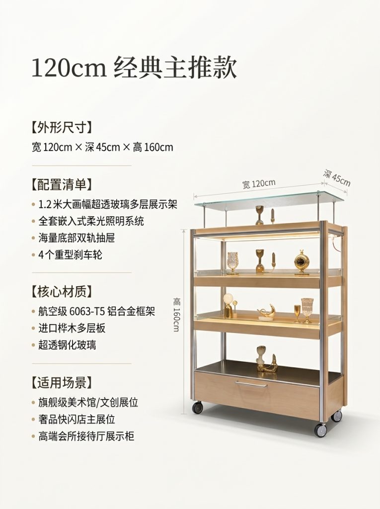 可移动玻璃展示柜多层储物柜海洋板铝型材陈列柜木质展柜可定制 - 产品图片