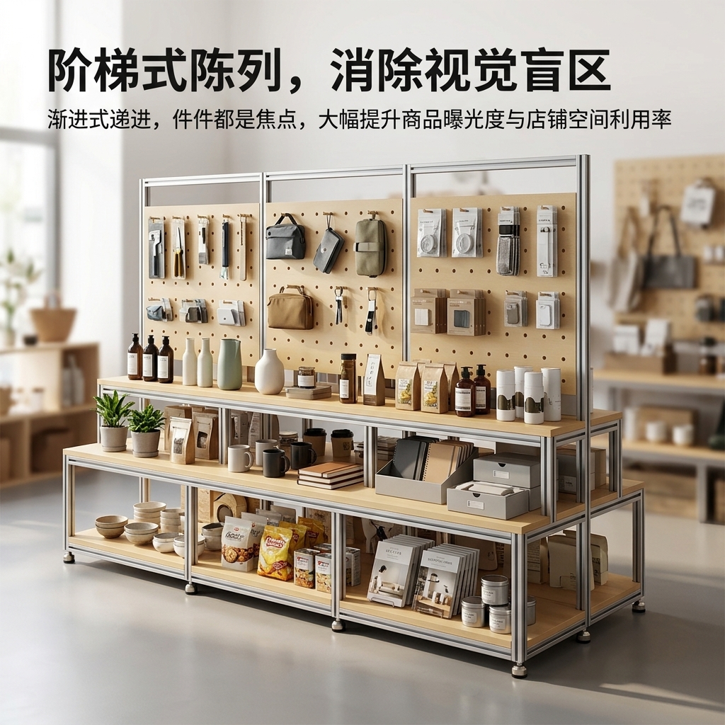 阶梯置物架商超多层陈列架海洋板店铺展示架洞洞板落地式收纳货架 - 产品图片