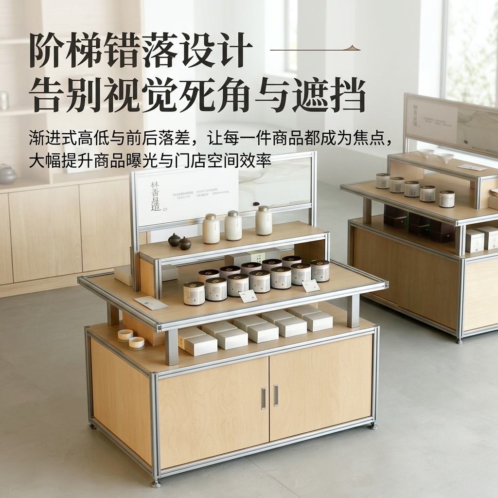 木质多层展示架中岛流水台商业陈列架简约现代展柜茶叶店文创展柜 - 产品图片