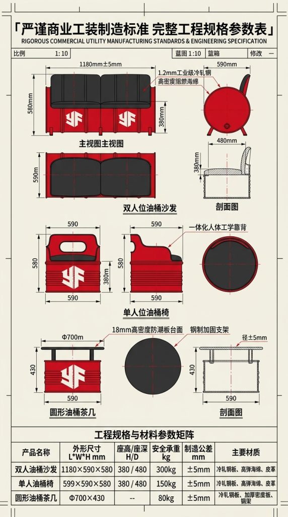 酒吧桌椅组合油桶沙发ktv铁艺茶几服装店创意工业风复古卡座沙发 - 产品图片