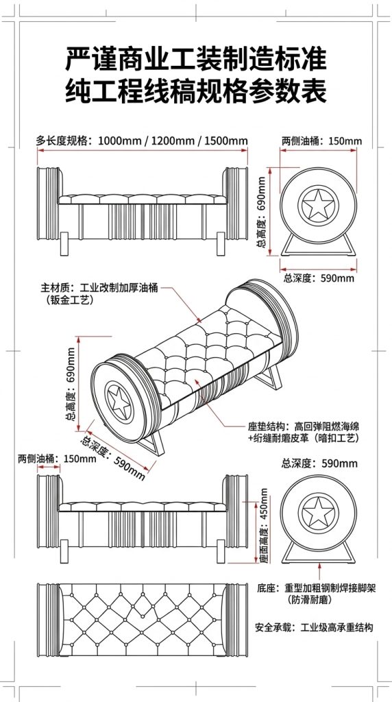 工业风长凳卡座复古美式酒吧ktv沙发油桶服装店试鞋凳创意长条椅 - 产品图片