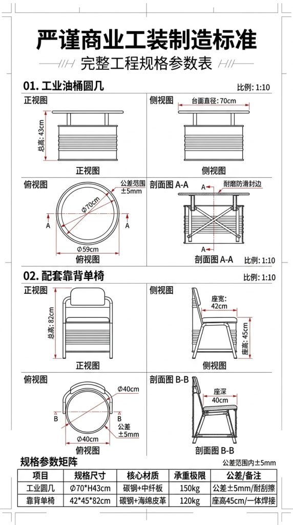 工业风酒吧桌椅组合网红个性创意铁艺油桶定制咖啡厅清吧卡座沙发 - 产品图片