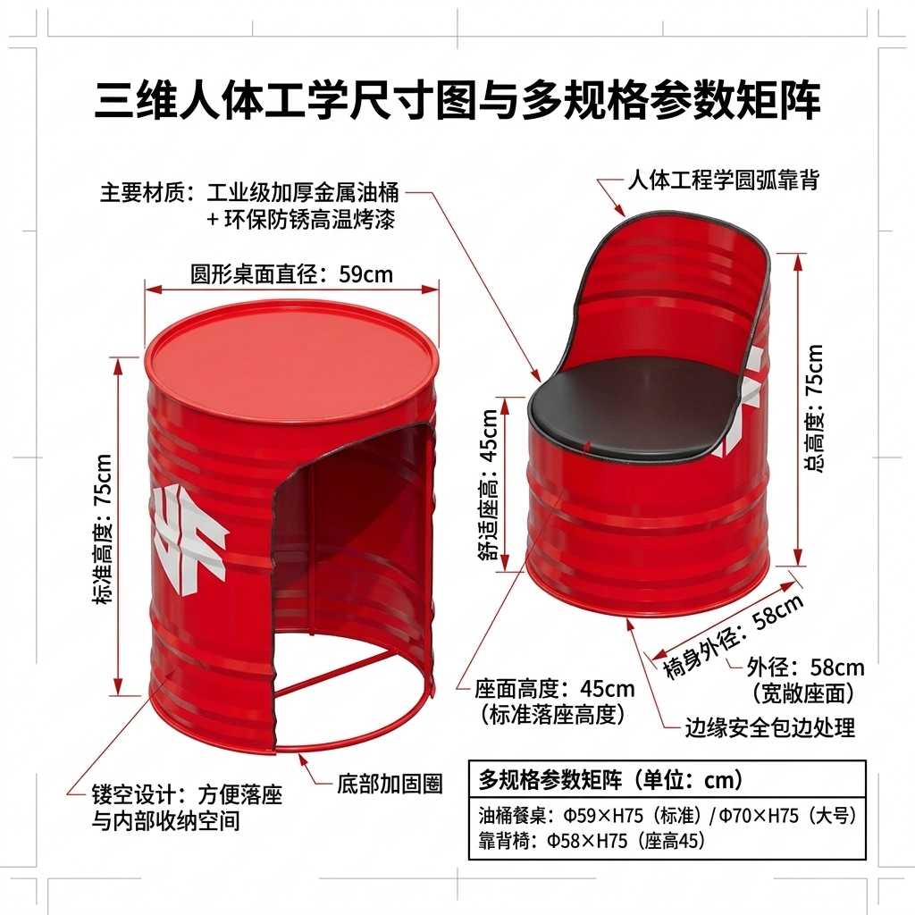 工业风外摆桌椅组合商业街酒吧清吧汉堡店卡座休息区油桶餐桌椅子 - 产品图片