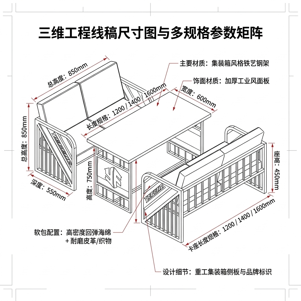 工业风酒吧桌椅组合清吧定制铁艺集装箱复古奶茶店咖啡厅卡座沙发 - 产品图片