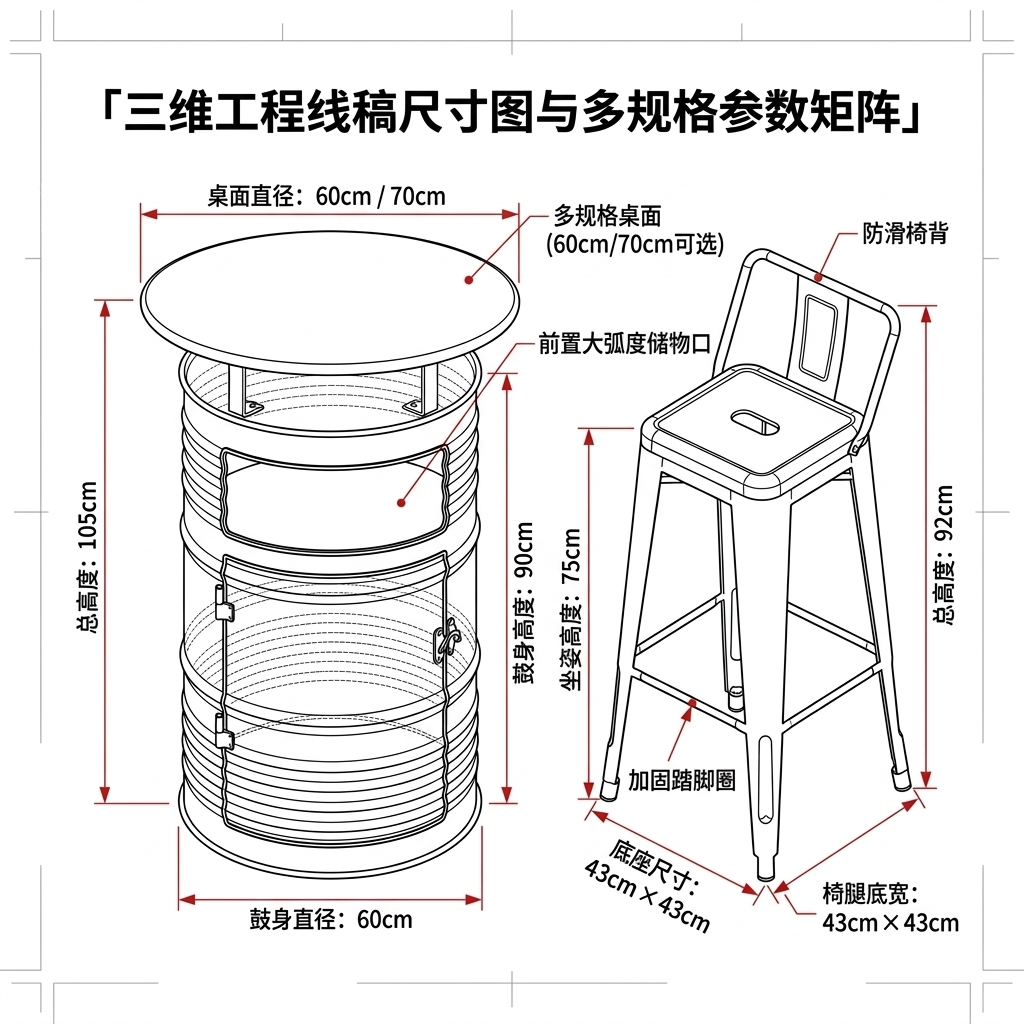 工业风油桶酒吧散台卡座桌椅创意户外休息区商用铁艺高脚桌椅组合 - 产品图片