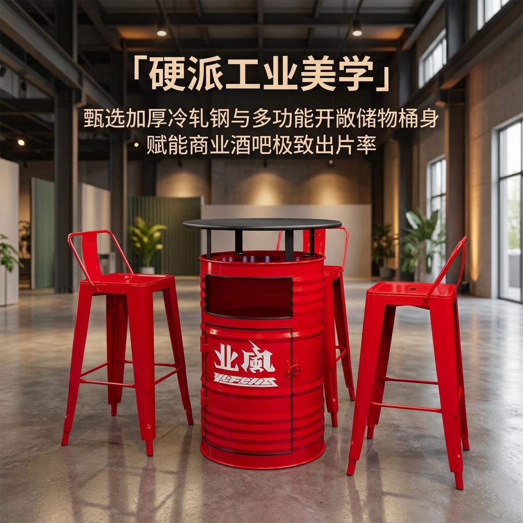 工业风油桶酒吧散台卡座桌椅创意户外休息区商用铁艺高脚桌椅组合 - 产品图片