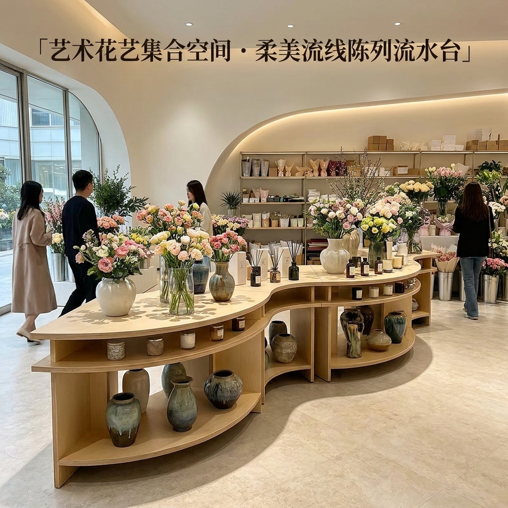海洋板异形中岛台商业空间展示台咖啡店设计感桌椅圆弧形流水台 - 产品图片
