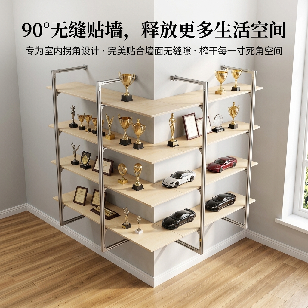 铝型材海洋板多层家用展示架客厅收纳架奖杯陈列架拐角墙上置物架 - 产品图片