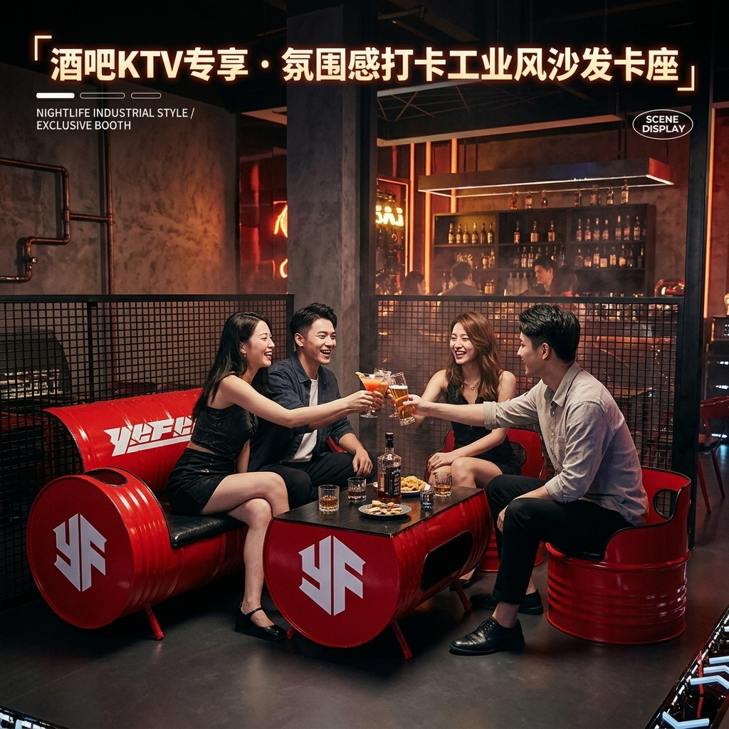 酒吧桌椅组合油桶沙发ktv铁艺茶几服装店创意工业风复古卡座沙发 - 产品图片
