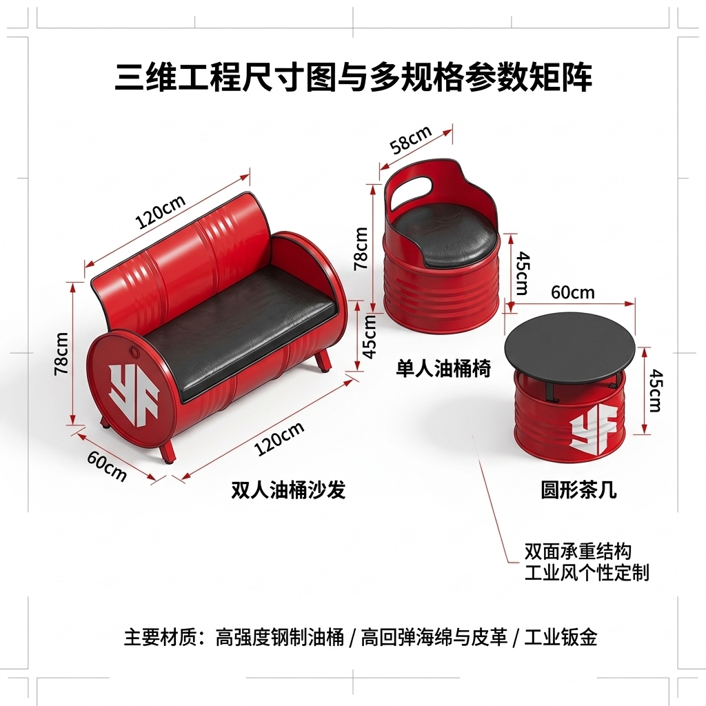 酒吧桌椅组合油桶沙发ktv铁艺茶几服装店创意工业风复古卡座沙发 - 产品图片
