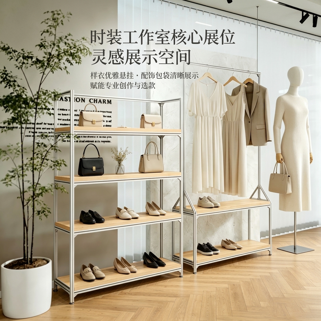 温柔风铝型材海洋板服装展示架落地式多层收纳架商场服装店衣帽架 - 产品图片