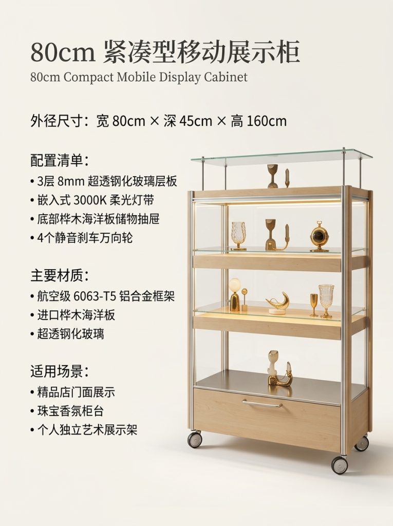 可移动玻璃展示柜多层储物柜海洋板铝型材陈列柜木质展柜可定制 - 产品图片