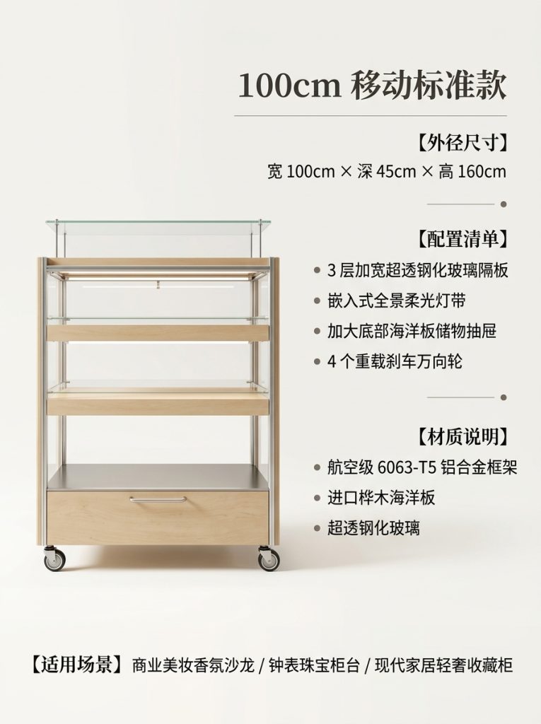 可移动玻璃展示柜多层储物柜海洋板铝型材陈列柜木质展柜可定制 - 产品图片