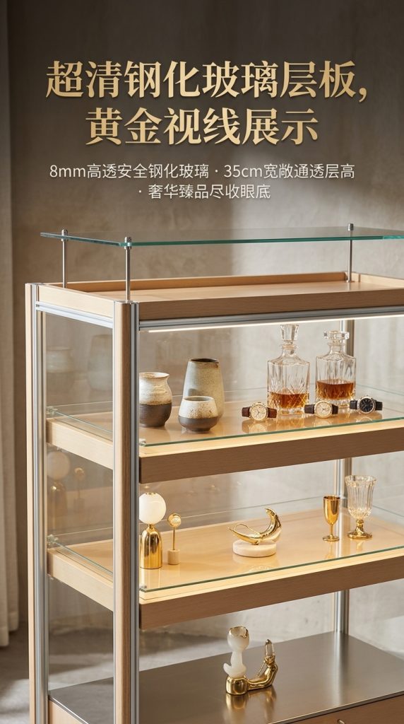 可移动玻璃展示柜多层储物柜海洋板铝型材陈列柜木质展柜可定制 - 产品图片