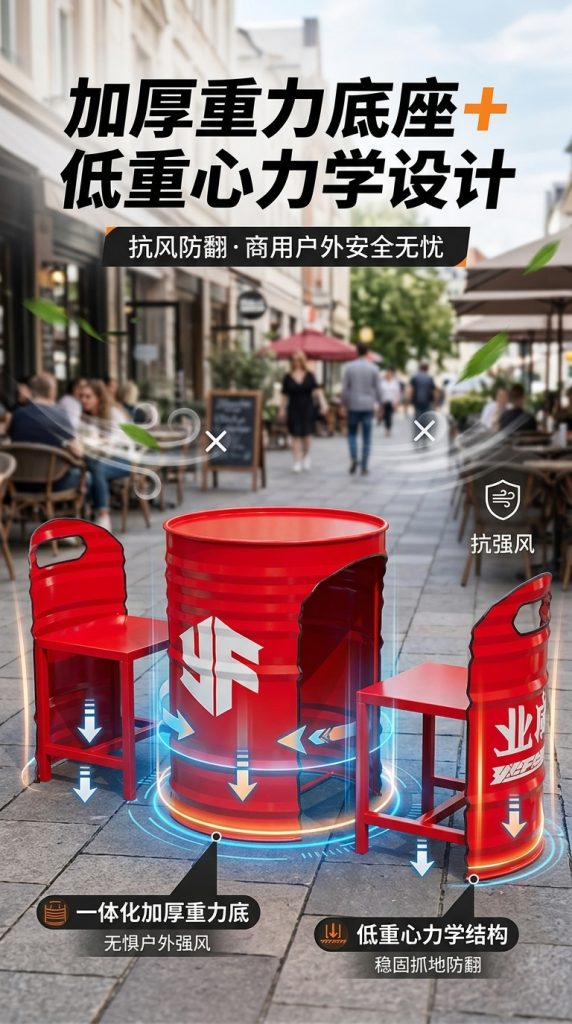 工业风外摆桌椅组合商业街酒吧清吧汉堡店卡座休息区油桶餐桌椅子 - 产品图片
