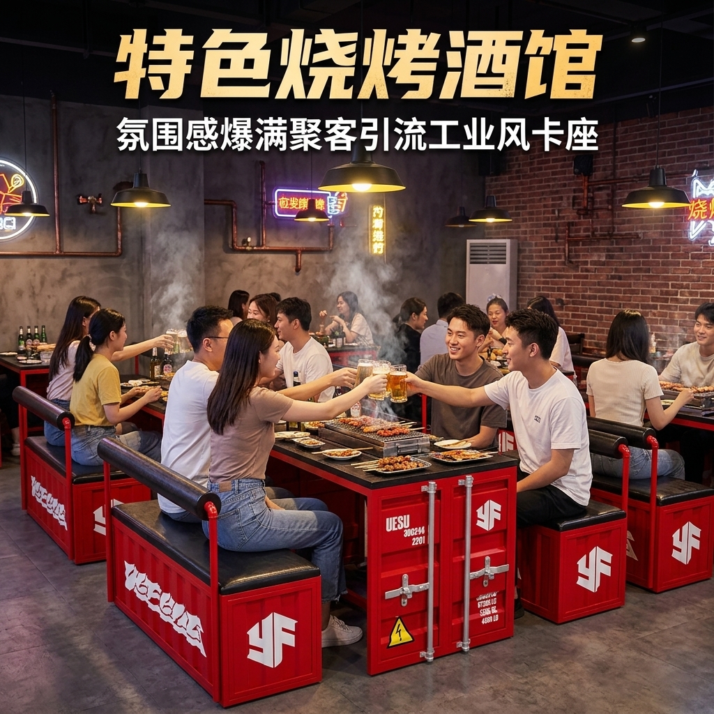 工业风酒吧清吧桌椅组合咖啡厅烧烤店商用创意集装箱铁艺卡座沙发 - 产品图片