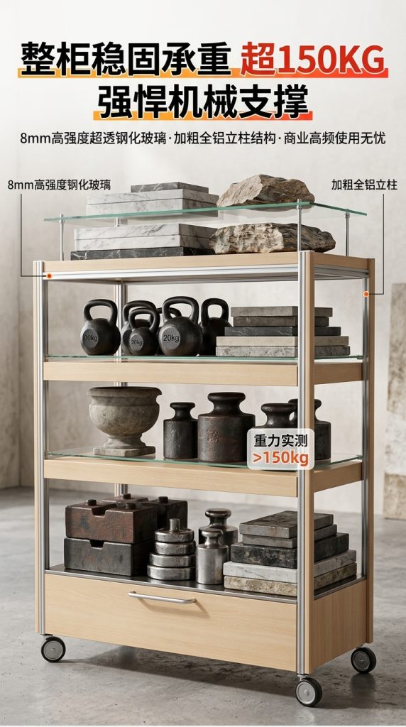 可移动玻璃展示柜多层储物柜海洋板铝型材陈列柜木质展柜可定制 - 产品图片