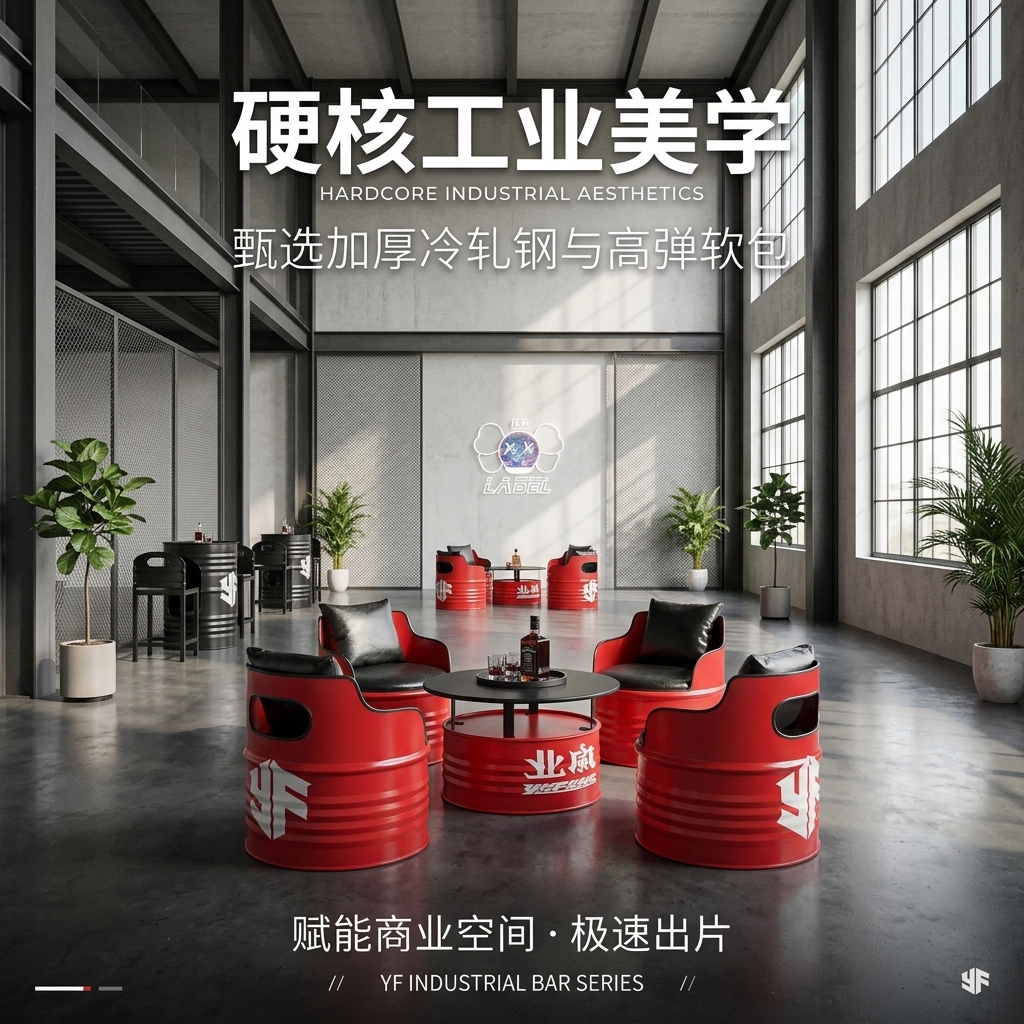 工业风酒吧桌椅组合网红个性创意铁艺油桶定制咖啡厅清吧卡座沙发 - 产品图片