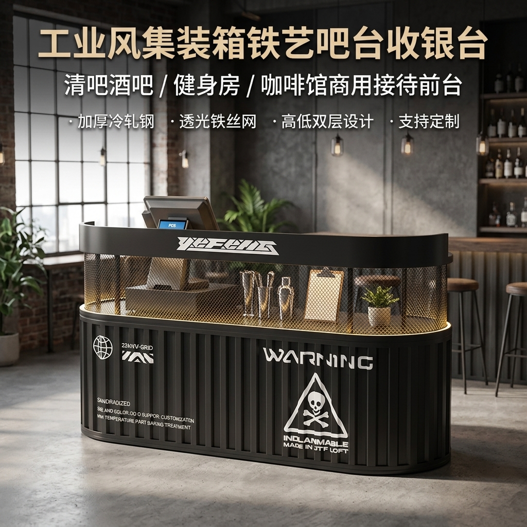 工业风吧台收银台酒吧清吧小酒馆健身房商用集装箱铁艺前台接待台 - 产品图片