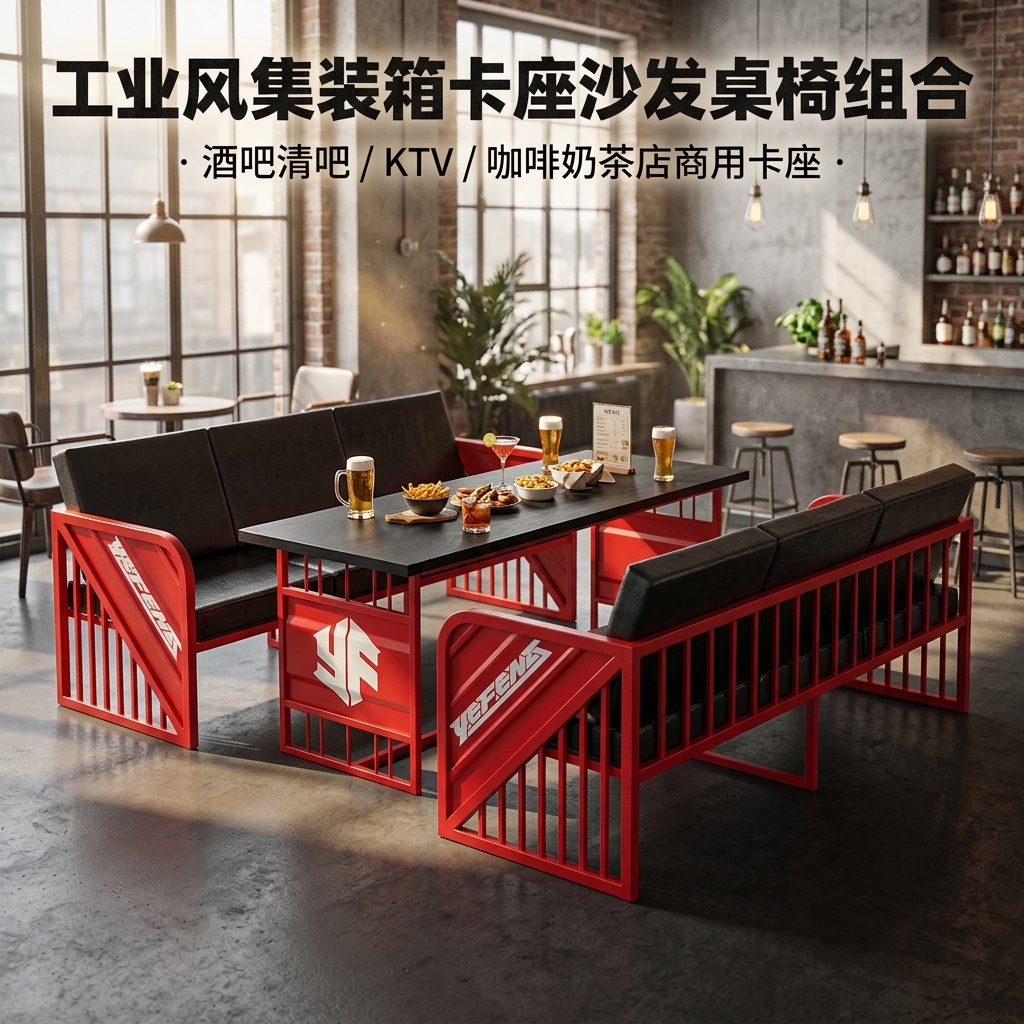 工业风酒吧桌椅组合清吧定制铁艺集装箱复古奶茶店咖啡厅卡座沙发 - 产品图片