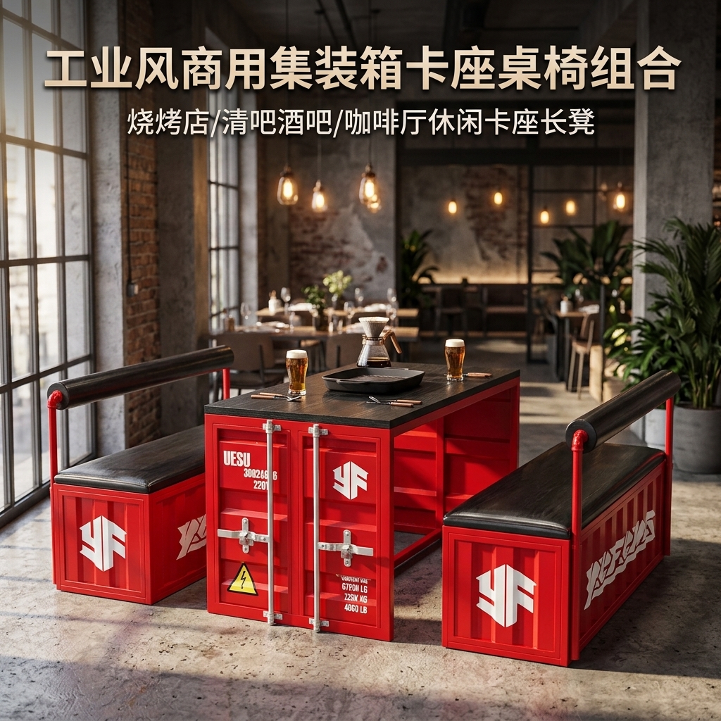工业风酒吧清吧桌椅组合咖啡厅烧烤店商用创意集装箱铁艺卡座沙发 - 产品图片