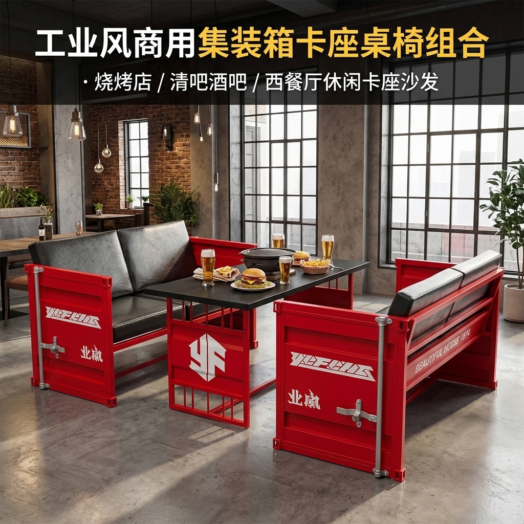 工业风酒吧桌椅组合清吧烧烤店西餐厅咖啡厅商用铁艺餐椅卡座沙发 - 产品图片