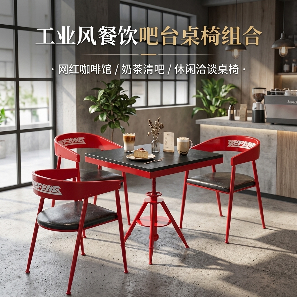 工业风桌椅组合酒吧餐台椅奶茶店咖啡厅休息区洽谈桌网红餐饮家具 - 产品图片