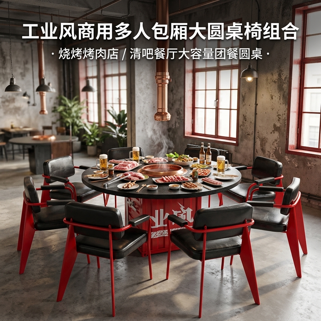 工业风实木餐桌网红烤肉店烧烤店多人包厢个性铁艺圆形餐桌椅组合 - 产品图片