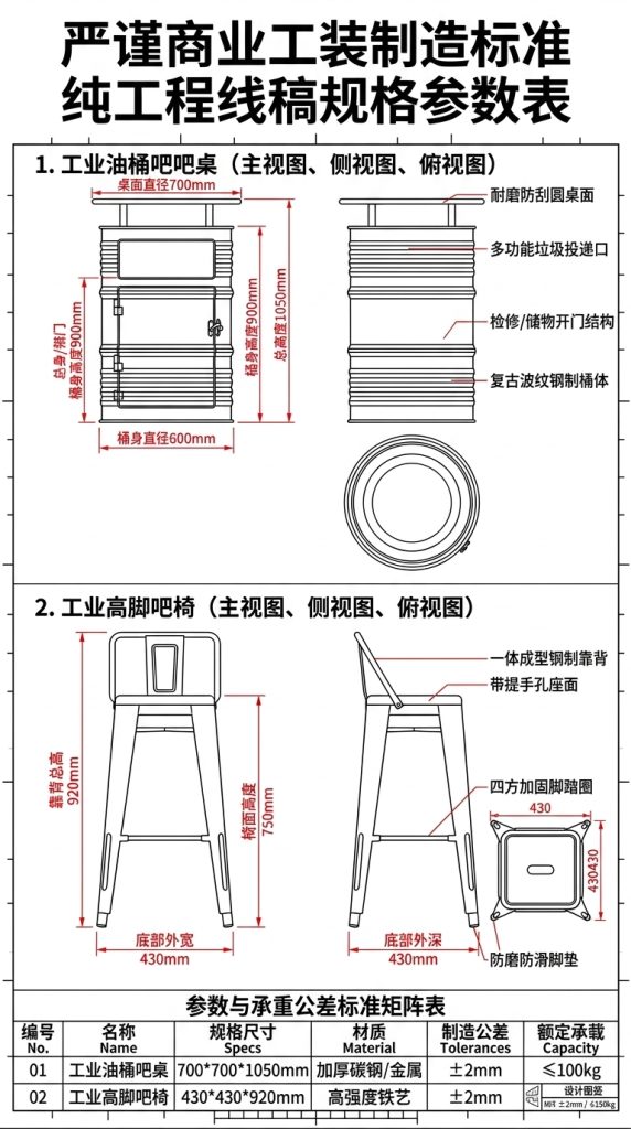工业风油桶酒吧散台卡座桌椅创意户外休息区商用铁艺高脚桌椅组合 - 产品图片