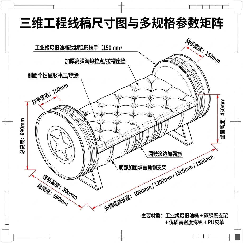 工业风长凳卡座复古美式酒吧ktv沙发油桶服装店试鞋凳创意长条椅 - 产品图片