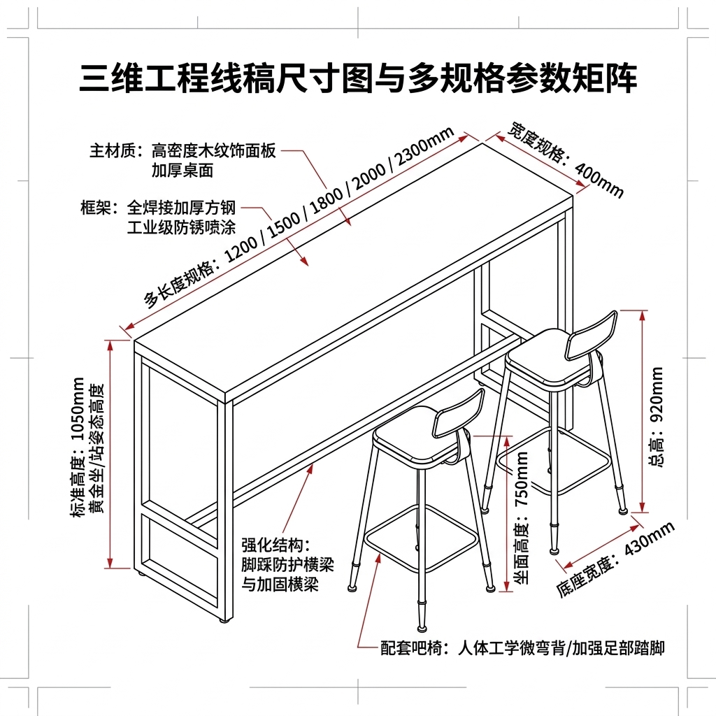 工业风吧台桌酒吧清吧酒馆奶茶店桌椅组合靠墙创意铁艺长条高脚桌 - 产品图片