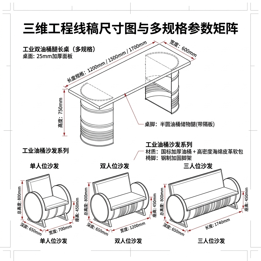 工业风卡座沙发凳酒吧咖啡厅奶茶店清吧定制铁艺创意油桶桌椅组合 - 产品图片