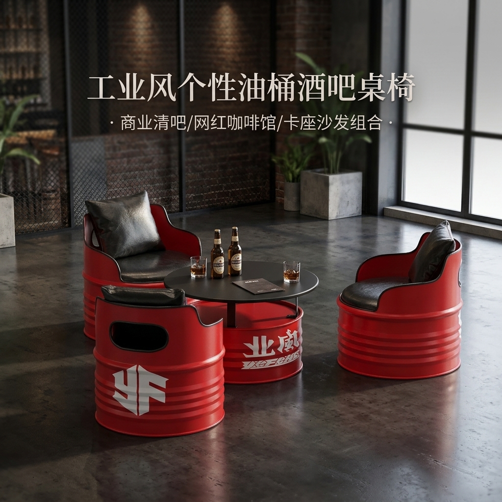 工业风酒吧桌椅组合网红个性创意铁艺油桶定制咖啡厅清吧卡座沙发 - 产品图片