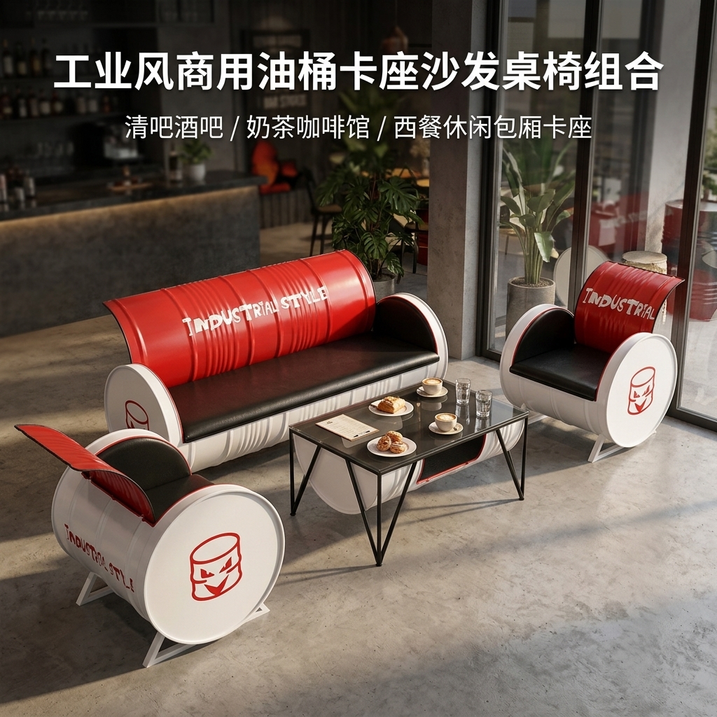 咖啡厅桌椅奶茶店创意商用清吧休闲区工业风酒吧卡座沙发茶几组合 - 产品图片