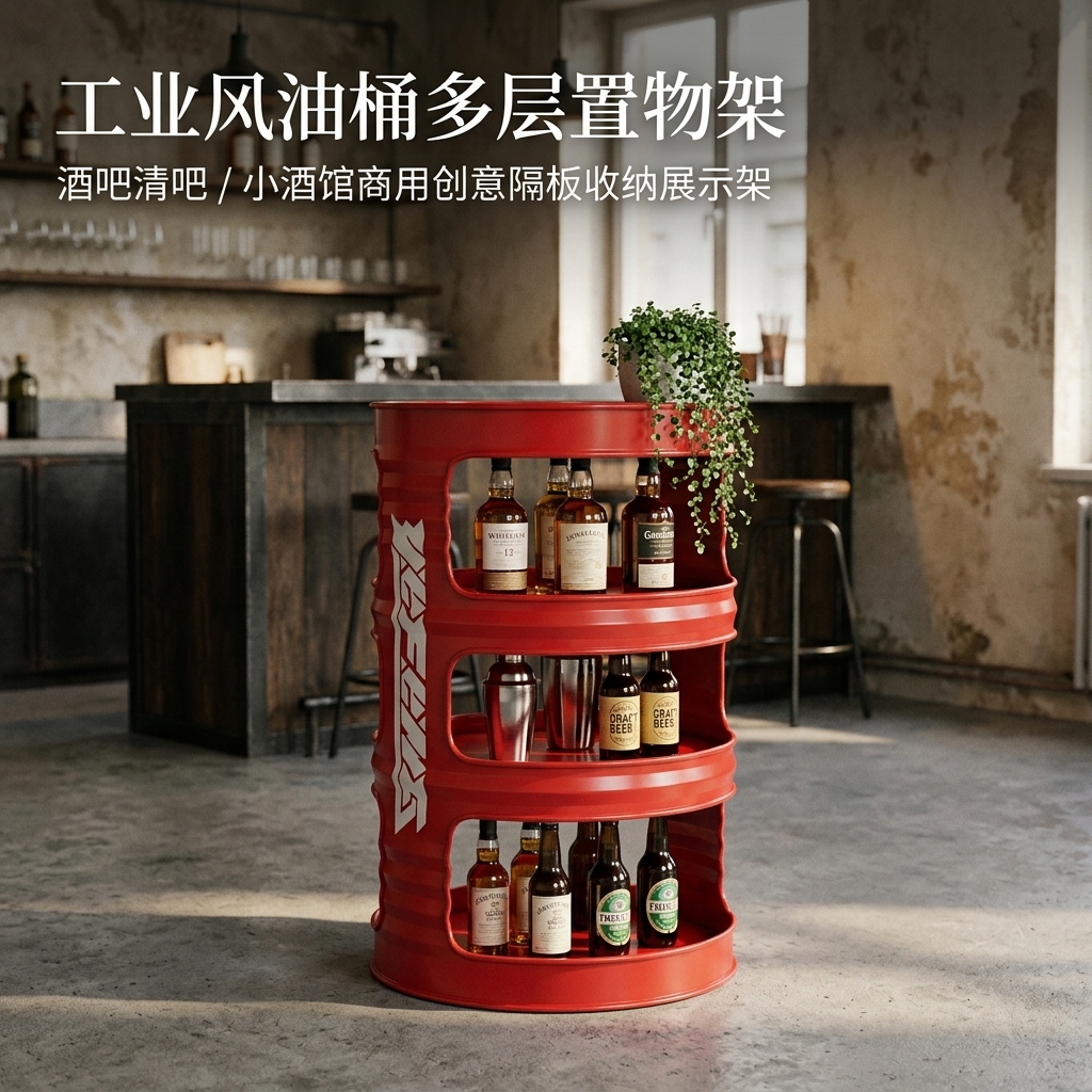 工业风油桶置物架酒吧清吧小酒馆复古创意商用收纳多层隔板展示架 - 产品图片