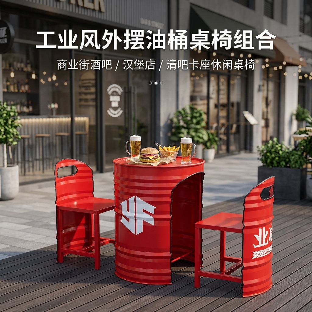工业风外摆桌椅组合商业街酒吧清吧汉堡店卡座休息区油桶餐桌椅子 - 产品图片