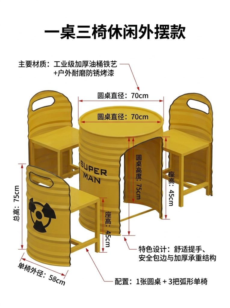 工业风外摆桌椅组合商业街酒吧清吧汉堡店卡座休息区油桶餐桌椅子 - 产品图片