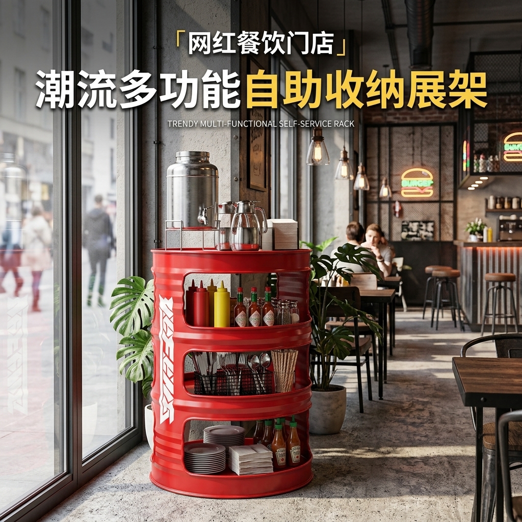 工业风油桶置物架酒吧清吧小酒馆复古创意商用收纳多层隔板展示架 - 产品图片