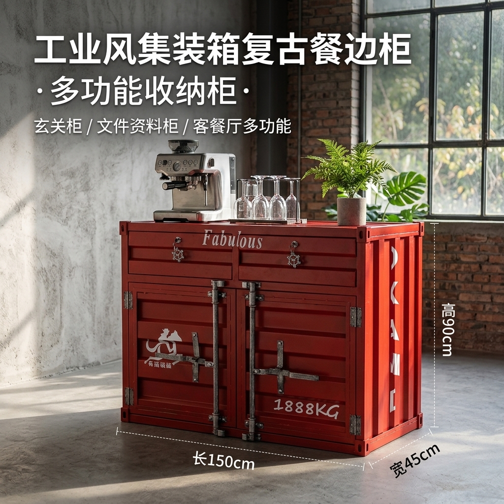 工业风复古餐柜创意文件柜集装箱设计做旧铁柜子玄关储物柜收纳柜 - 产品图片