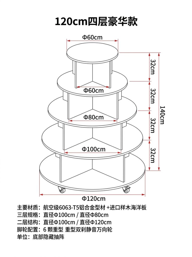 桦木海洋板圆形中岛台多层木质置物架带轮子可移动摆台文创展示台 - 产品图片