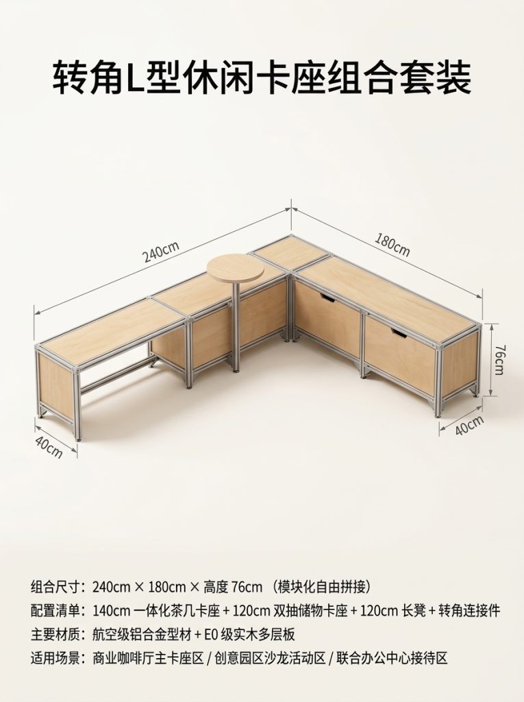 铝型材桌椅卡座休闲区桌椅组合茶几创意卡座储物柜商用转角卡座 - 产品图片
