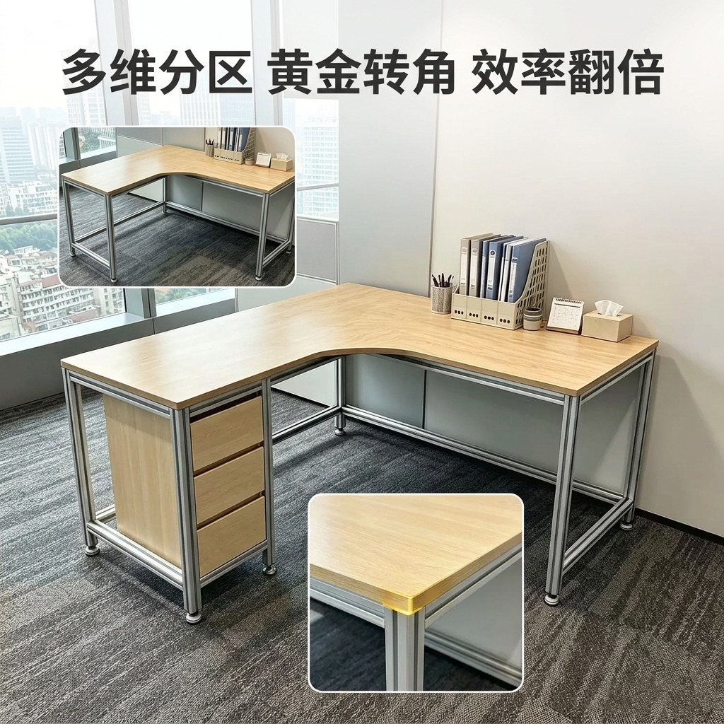 海洋板L型办公桌台式转角电脑桌办公室带抽屉书桌现代风工业桌子 - 产品图片