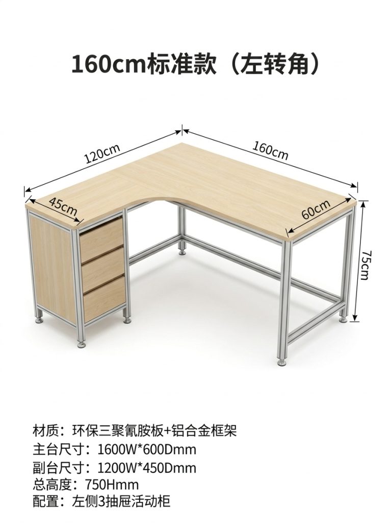 海洋板L型办公桌台式转角电脑桌办公室带抽屉书桌现代风工业桌子 - 产品图片