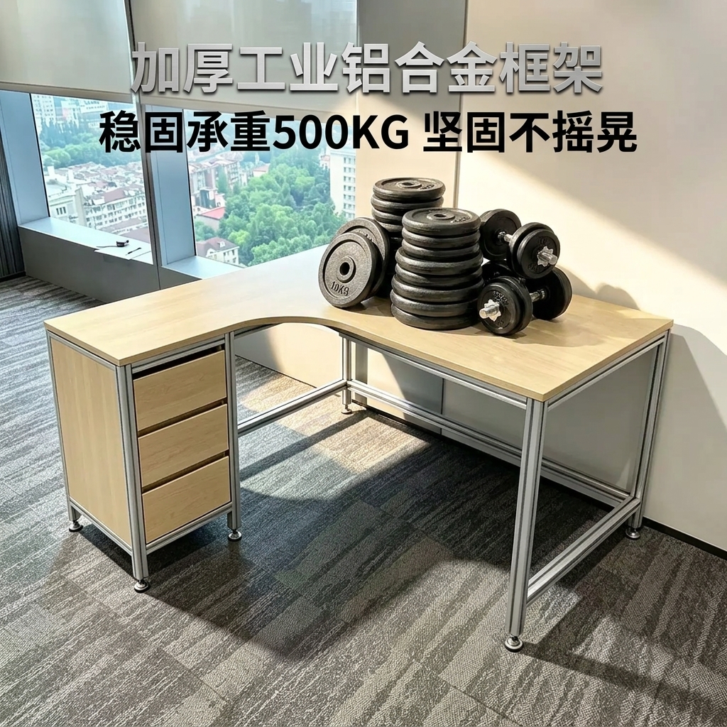 海洋板L型办公桌台式转角电脑桌办公室带抽屉书桌现代风工业桌子 - 产品图片